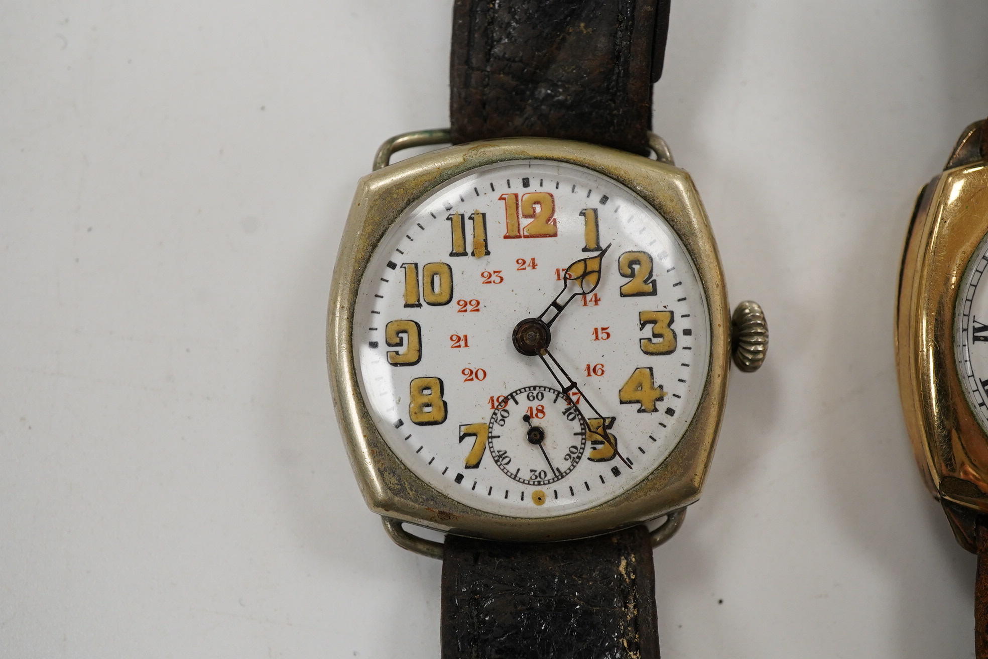 A gentleman's 1930's/1940's gold plated Waltham manual wind wrist watch, with Roman dial and subsidiary seconds, case diameter 30mm, together with a similar nickel cased manual wind wrist watch, with Arabic dial and subs